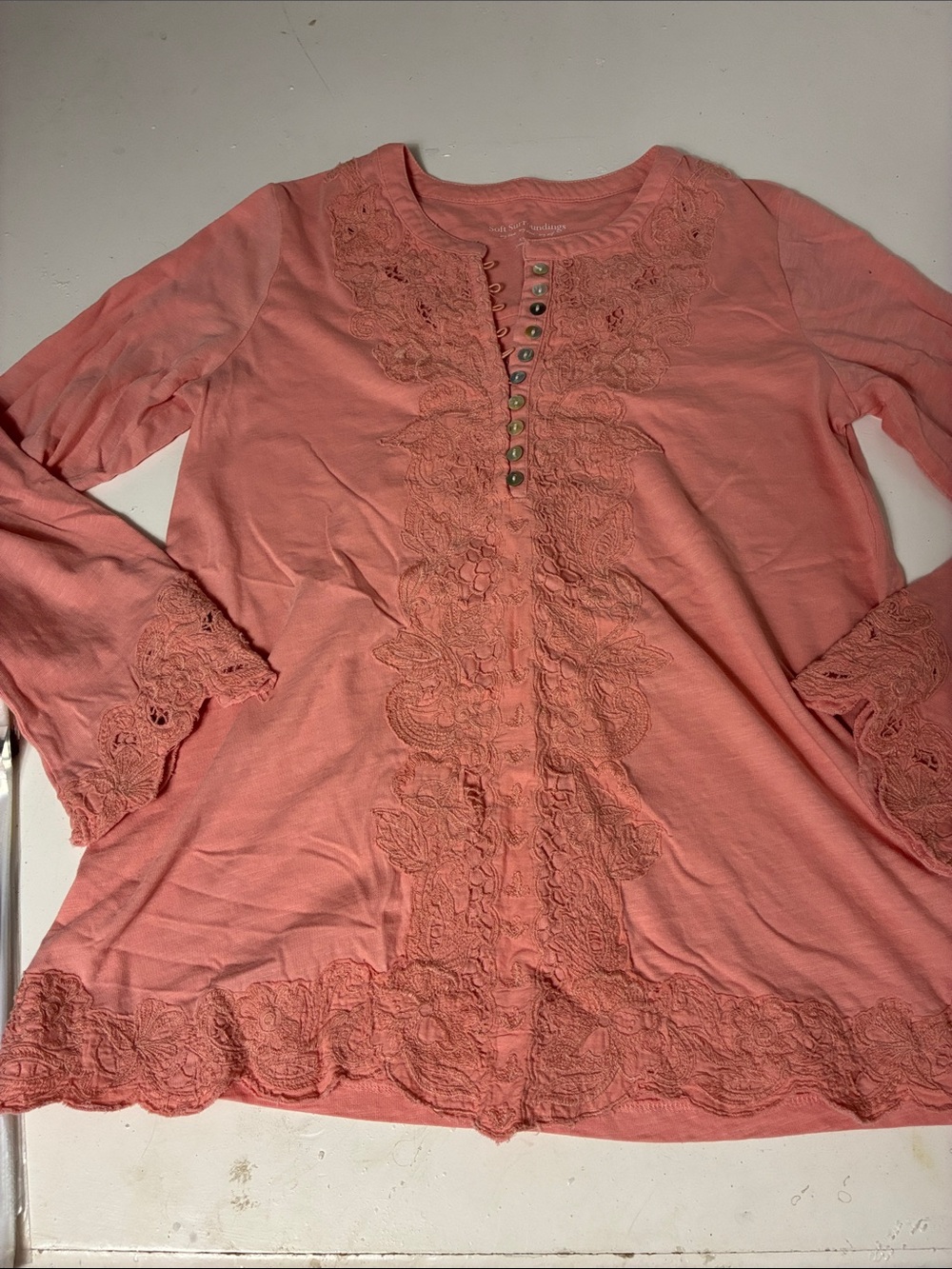 Soft Surroundings XS Pink Floral Lace Half Button Up Long Sleeve Blouse